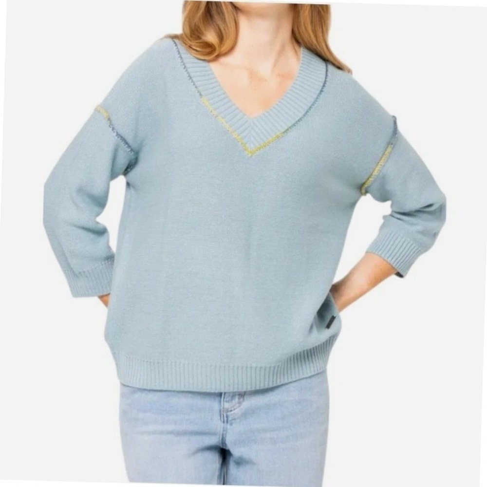 Peace Love World Boheme Collection Blue Cotton V-Neck Whipstitch Sweater L